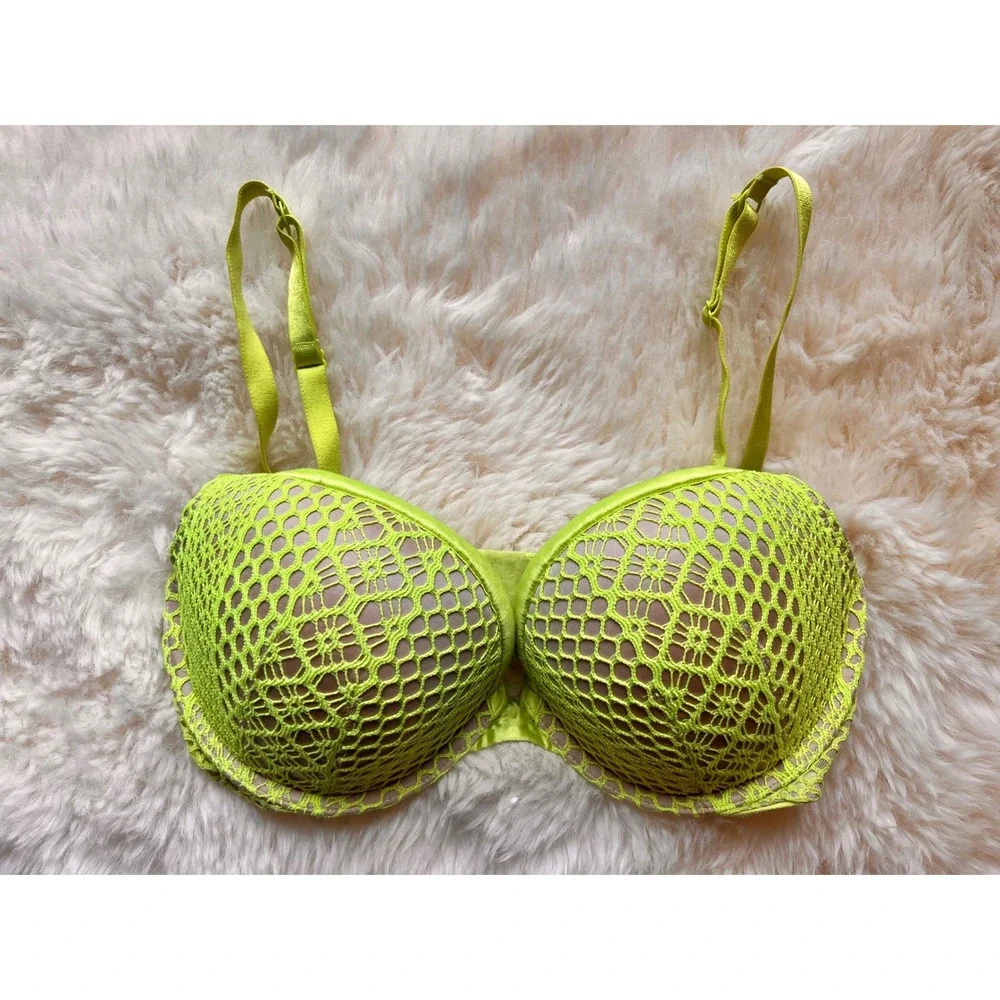 Victorias Secret Very Sexy Push-Up Bra 32DD Neon Lime Green Crochet Lace Overlay